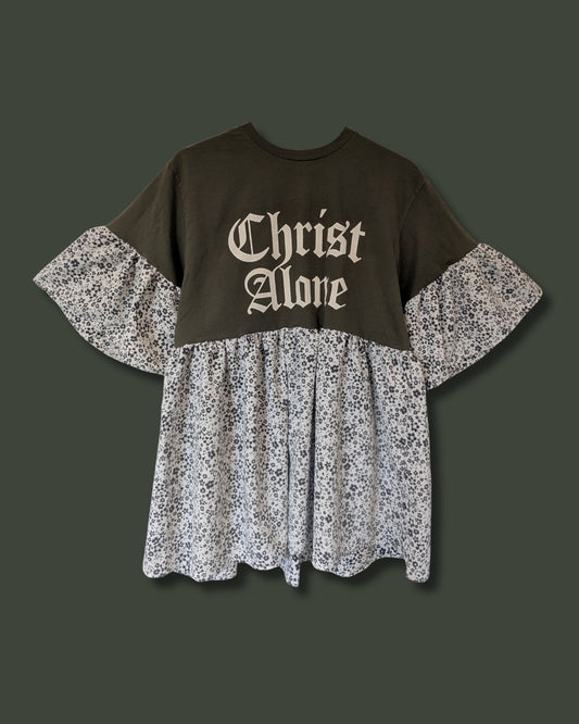 Christ Alone - White & Grey Floral Smock Dress (S)