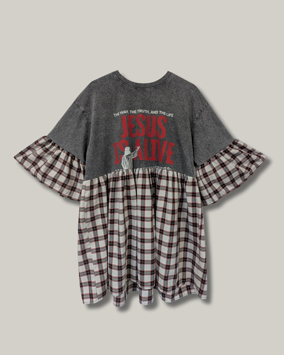 Jesus is Alive - Black, Red & White Checked Smock Dress (XL)