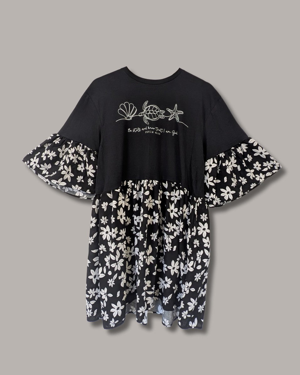 Psalm 46.10 - Black & White Floral Smock Dress (M)