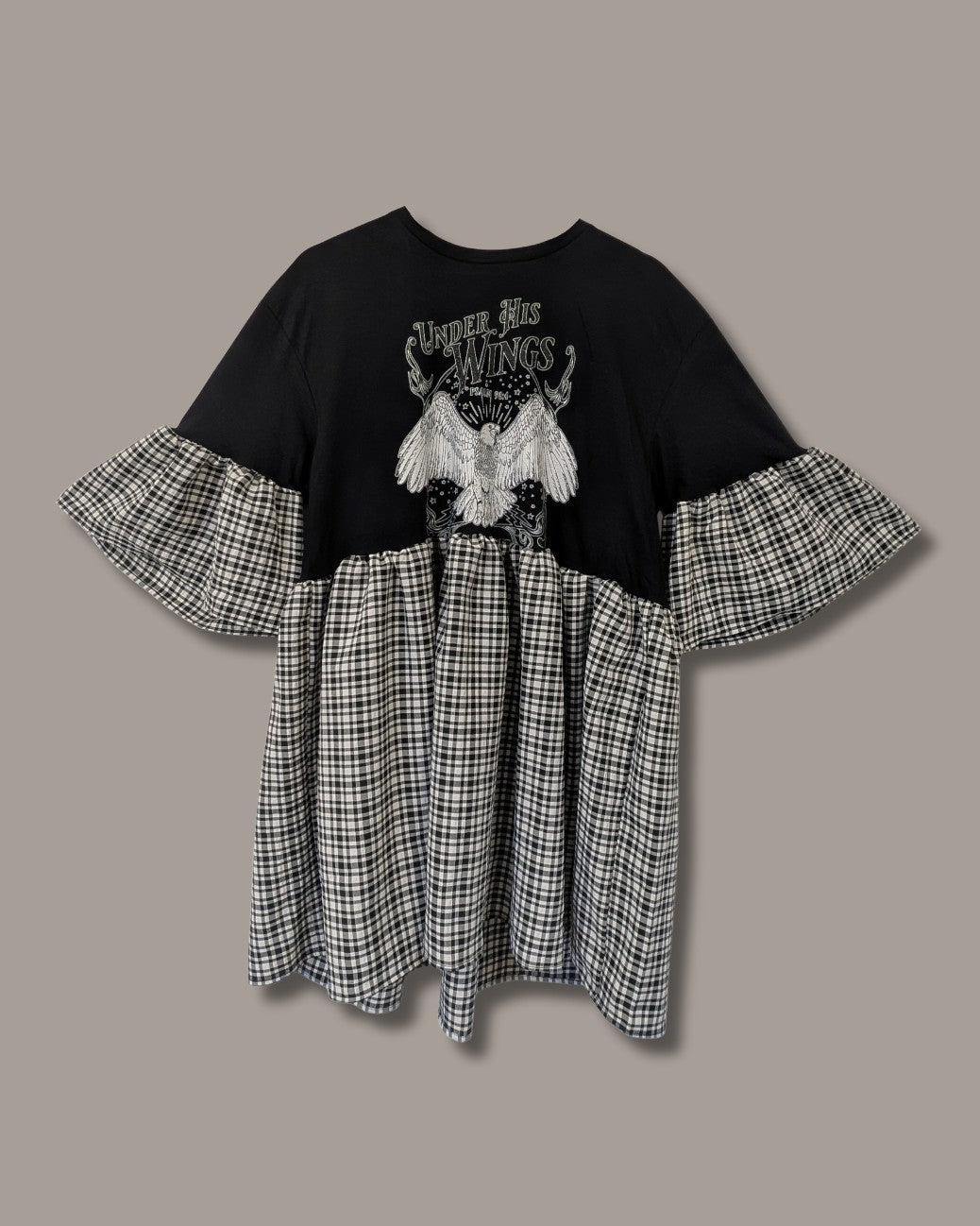 Under His Wings - Black & White Checked Smock Dress (L)