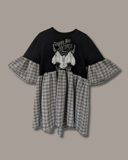 Under His Wings - Black & White Checked Smock Dress (L)