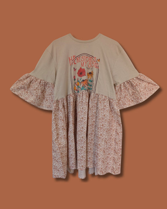 He Restores my Soul - Pink & Mustard Floral Smock Dress (L)